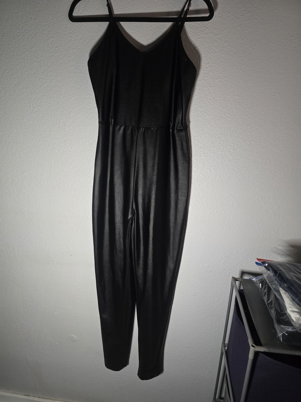 Fashion Nova Black Faux Leather Spaghetti Strap Jumpsuit